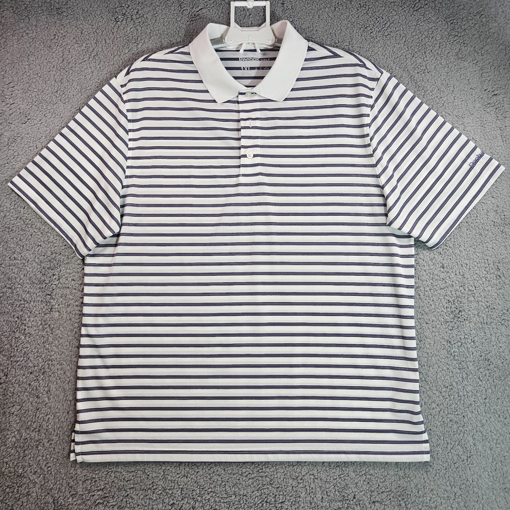 Reebok Golf Polo Shirt Mens 1XL White Purple Black Striped Short Sleeve - 1XL